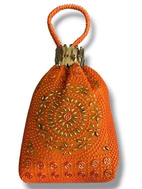 Embellished Orange Beggars Beaded Wristlet Clutch Purse